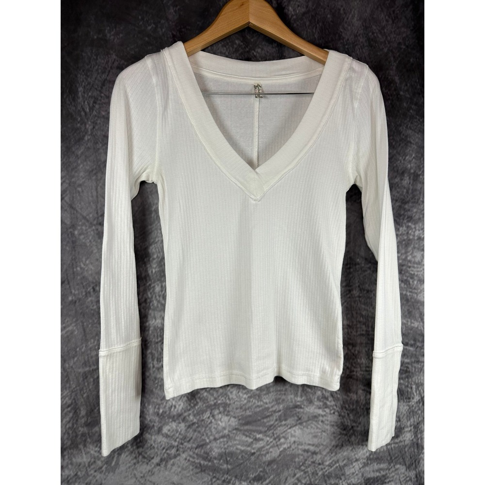 Free People Lily Layering Top Womens Cream Large Ribbed Knit V-Neck Long Sleeve